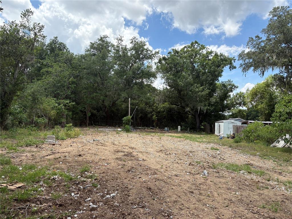 A cleared, dirt-covered vacant lot is surrounded by mature trees and a small shed — 510 BRIAR MEADOWS DR, VALRICO, FL