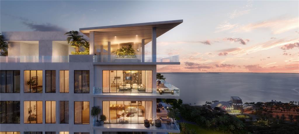 This architectural rendering shows a modern multi-story building with balconies overlooking a large body of water — 668 QUAY COMMONS UNIT 1803, SARASOTA, FL
