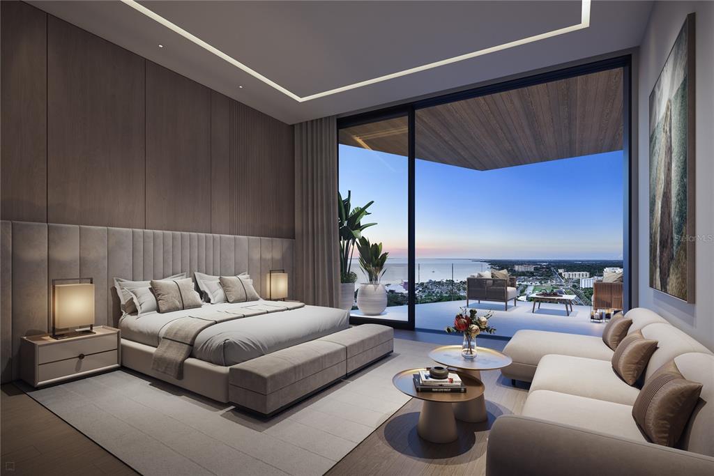 This is a rendering of a modern bedroom with a balcony overlooking the ocean — 668 QUAY COMMONS UNIT 1803, SARASOTA, FL