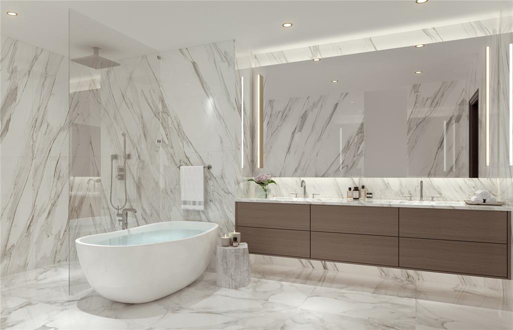 This rendering shows a modern bathroom with marble walls, a soaking tub, and a vanity — 668 QUAY COMMONS UNIT 1803, SARASOTA, FL