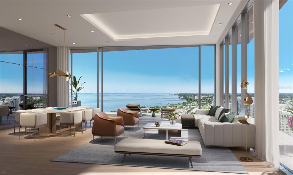 This rendering shows a modern open-concept living and dining area with floor-to-ceiling waterfront views — 668 QUAY COMMONS UNIT 1803, SARASOTA, FL