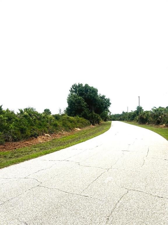 A paved road curves past a grassy shoulder and dense green vegetation under a bright sky — 7441 MANVILLE TERRACE, PORT CHARLOTTE, FL