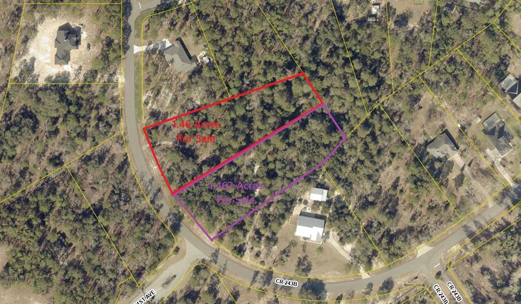An aerial map shows two adjacent wooded lots outlined in red and purple for sale — 2352 COUNTY ROAD 243B, WILDWOOD, FL