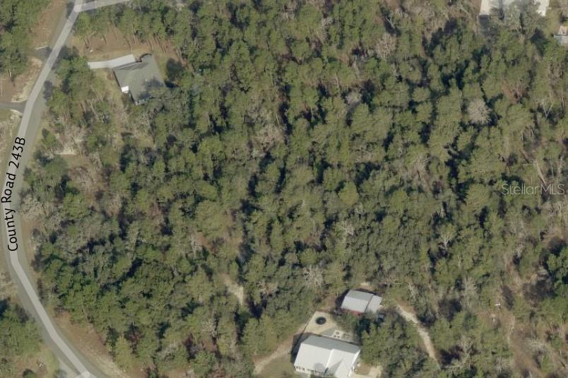 This aerial view shows a wooded lot situated next to a paved road — 2352 COUNTY ROAD 243B, WILDWOOD, FL