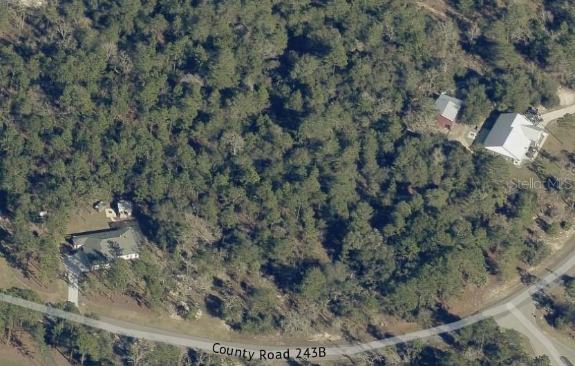 An aerial view shows a wooded lot with two houses and a road — 2352 COUNTY ROAD 243B, WILDWOOD, FL