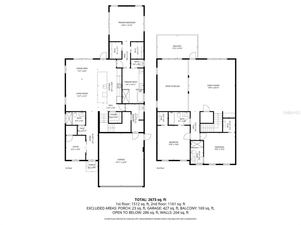 This is a two-story floor plan showing the layout of rooms, garage, and balcony — 2475 BAY STREET, SARASOTA, FL