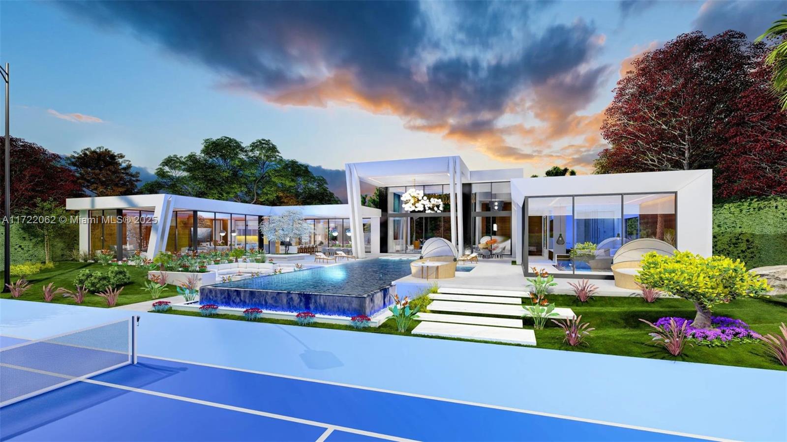 This is a rendering of a modern luxury home featuring a pool and tennis court — 15295 Persimmon Ave, Delray Beach FL 33446, DELRAY BEACH, FL
