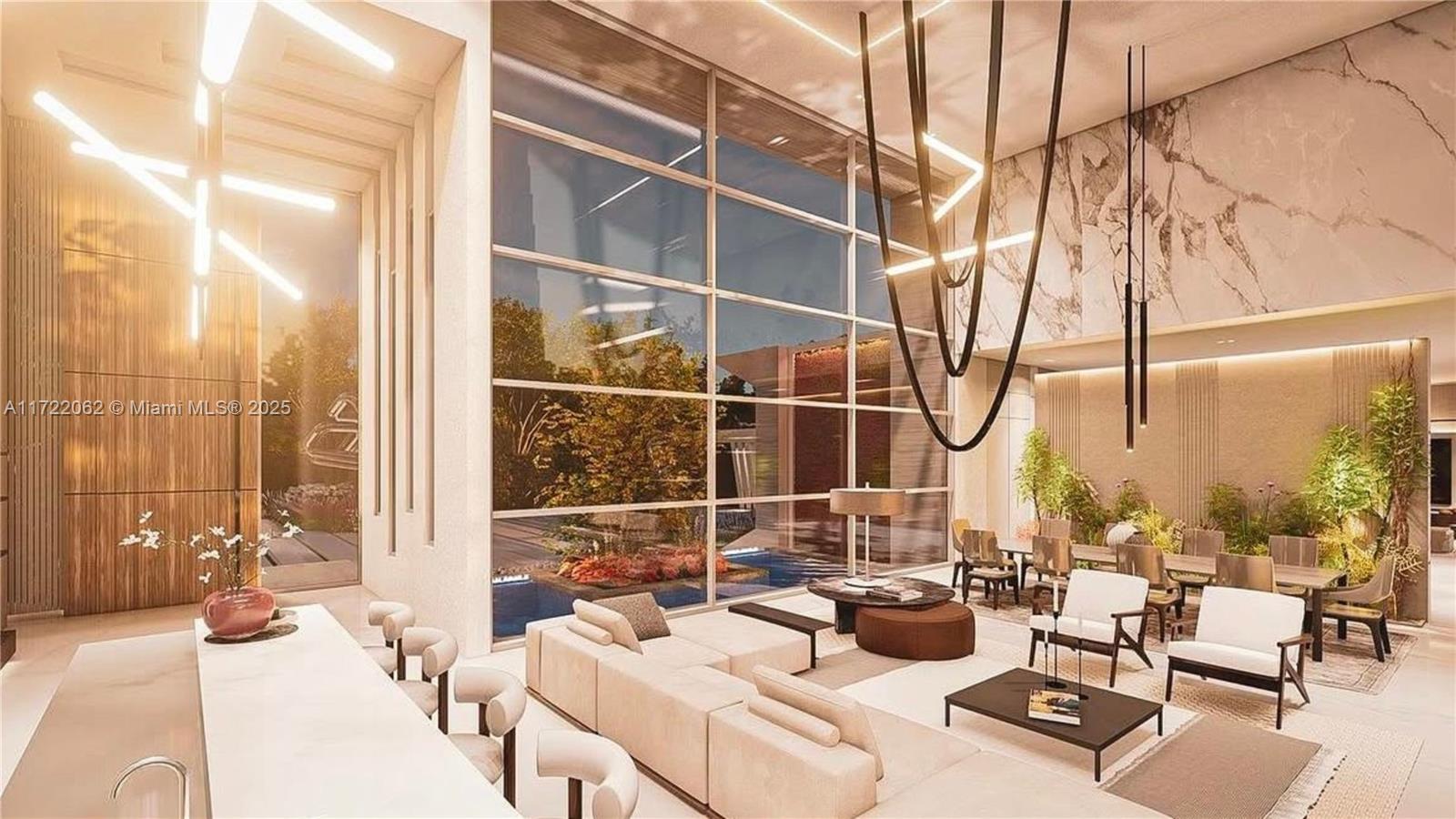 This is a rendering of a modern living room with double-height windows and marble walls — 15295 Persimmon Ave, Delray Beach FL 33446, DELRAY BEACH, FL