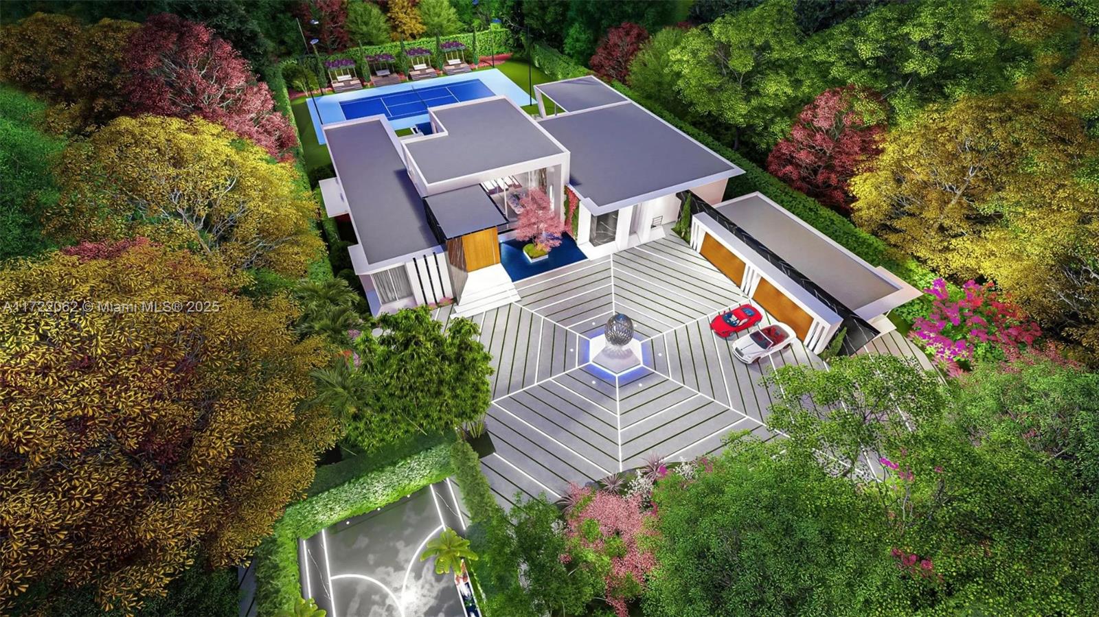 This is a rendering of a modern house with a tennis court and circular driveway — 15295 Persimmon Ave, Delray Beach FL 33446, DELRAY BEACH, FL
