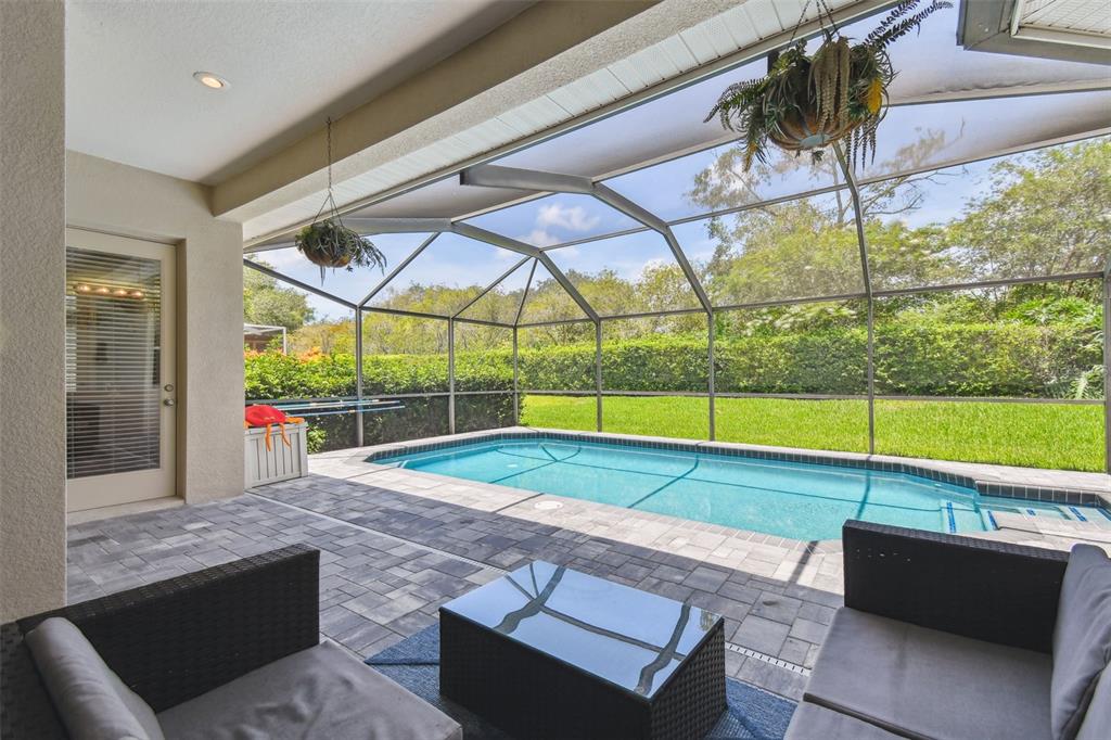 A covered patio with outdoor furniture overlooks a screened-in swimming pool and a grassy backyard — 3025 NAUGHTON WAY, TARPON SPRINGS, FL