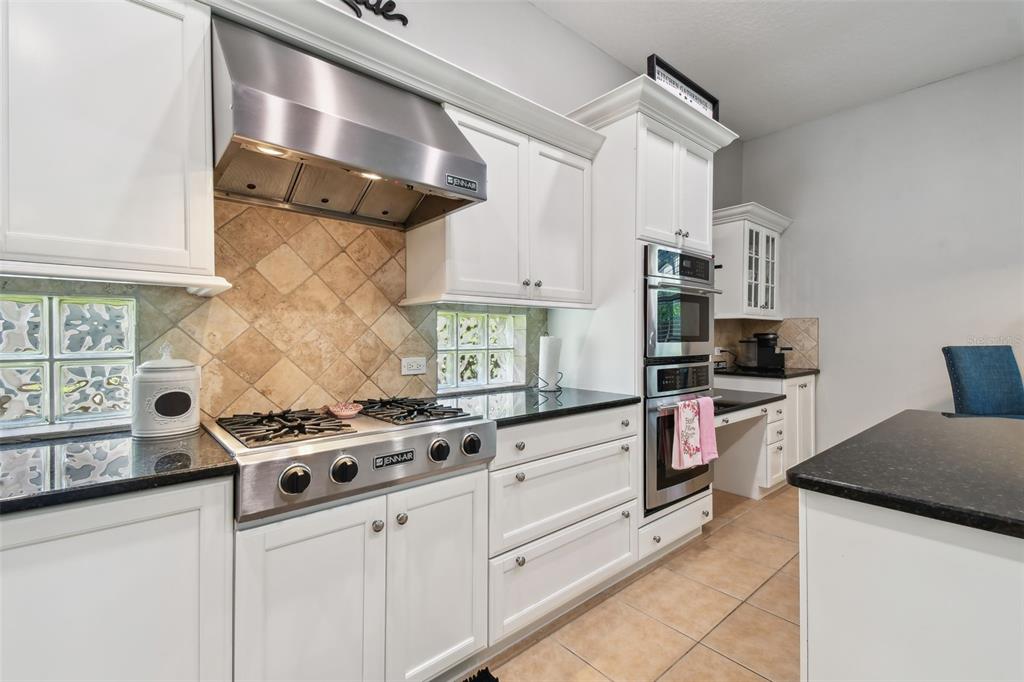 A kitchen features white cabinets, stainless steel appliances, a tile backsplash, and black countertops — 3025 NAUGHTON WAY, TARPON SPRINGS, FL