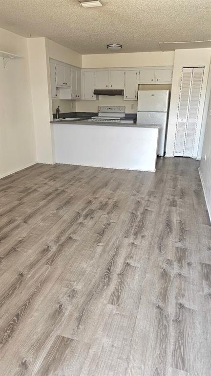 A kitchen with white cabinets and appliances overlooks an open living area with wood flooring — 21150 GERTRUDE AVENUE UNIT 2, PORT CHARLOTTE, FL