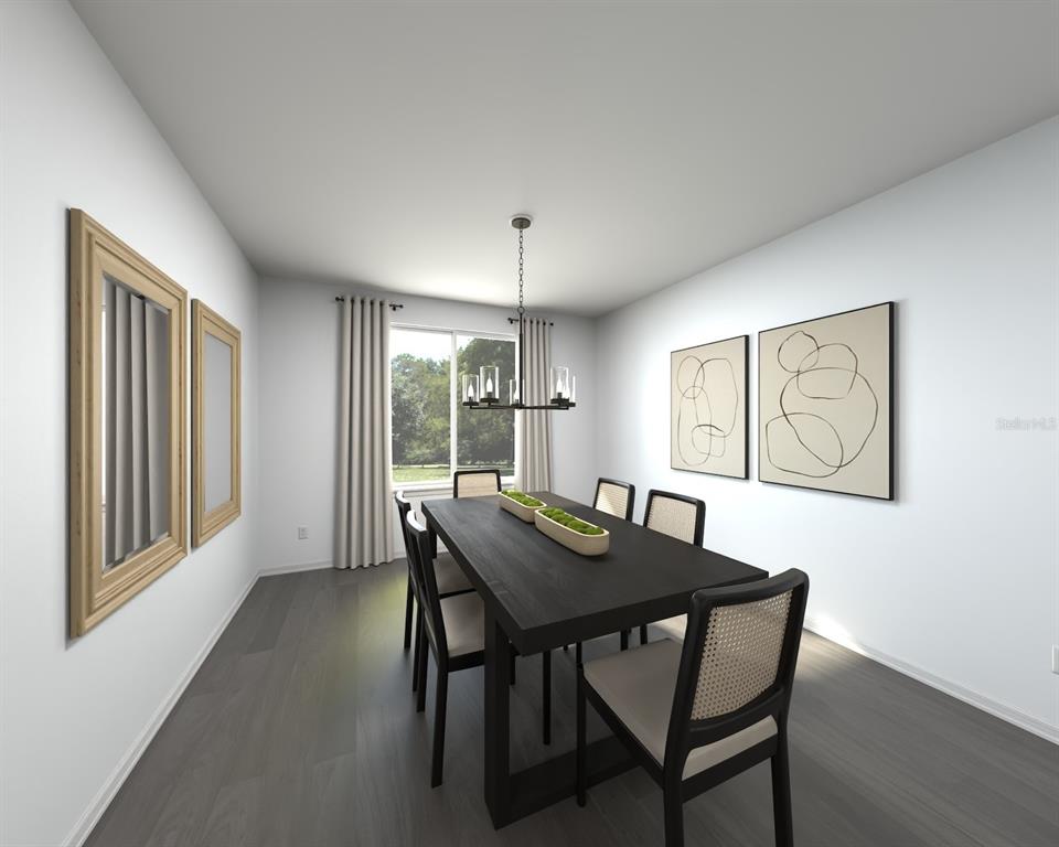 This rendering shows a dining room with a dark wood table, chairs, and wall art — 11418 STARLING SONG PLACE, PARRISH, FL