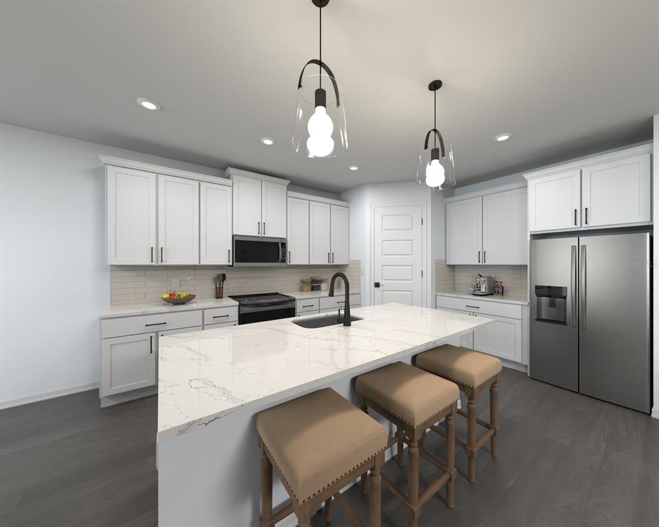 This rendering shows a modern kitchen with white cabinets, a marble-topped island, and stainless appliances — 11418 STARLING SONG PLACE, PARRISH, FL