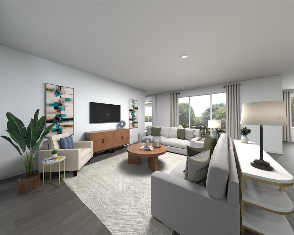 This is a digital rendering of a modern living room with a sectional and armchair — 11418 STARLING SONG PLACE, PARRISH, FL