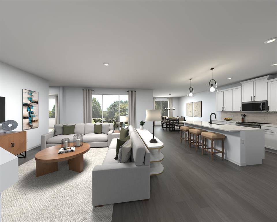 This rendering shows an open-concept living room and kitchen with white cabinets and wood floors — 11418 STARLING SONG PLACE, PARRISH, FL