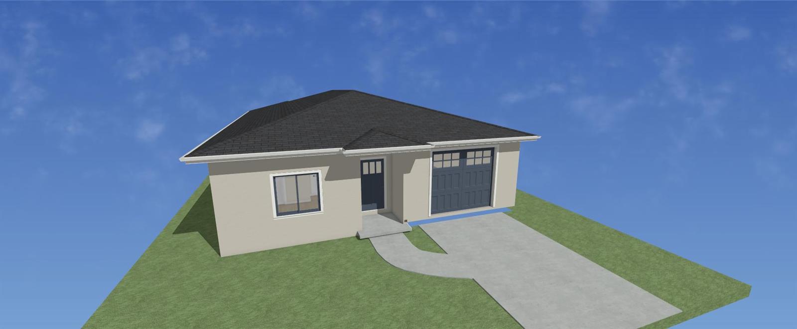 A 3D rendering of a single-story house with a garage, driveway, and hip roof — 849 W 4th Street, Riviera Beach FL 33404, RIVIERA BEACH, FL