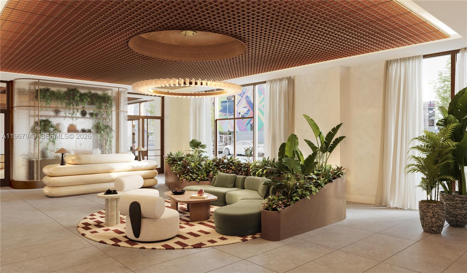 This rendering shows a modern lobby with a grid ceiling, circular chandelier, and lounge seating — 2215 NW 1st Place # 704, Miami FL 33127, MIAMI, FL