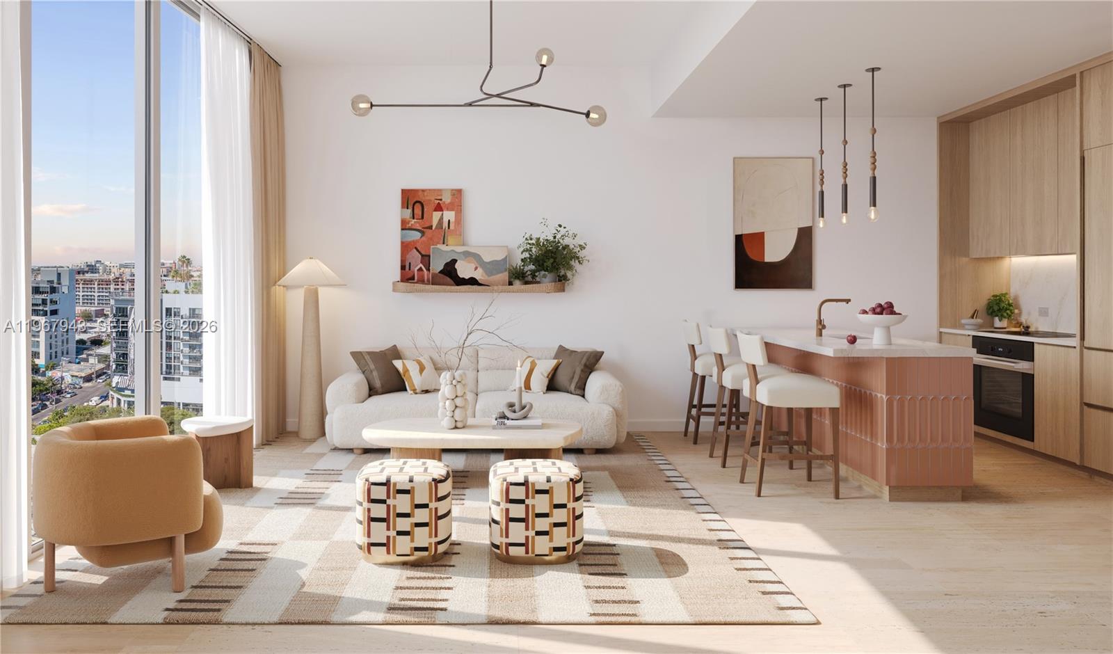 This rendering shows a modern living room and kitchen with light wood floors and city views — 2215 NW 1st Place # 704, Miami FL 33127, MIAMI, FL