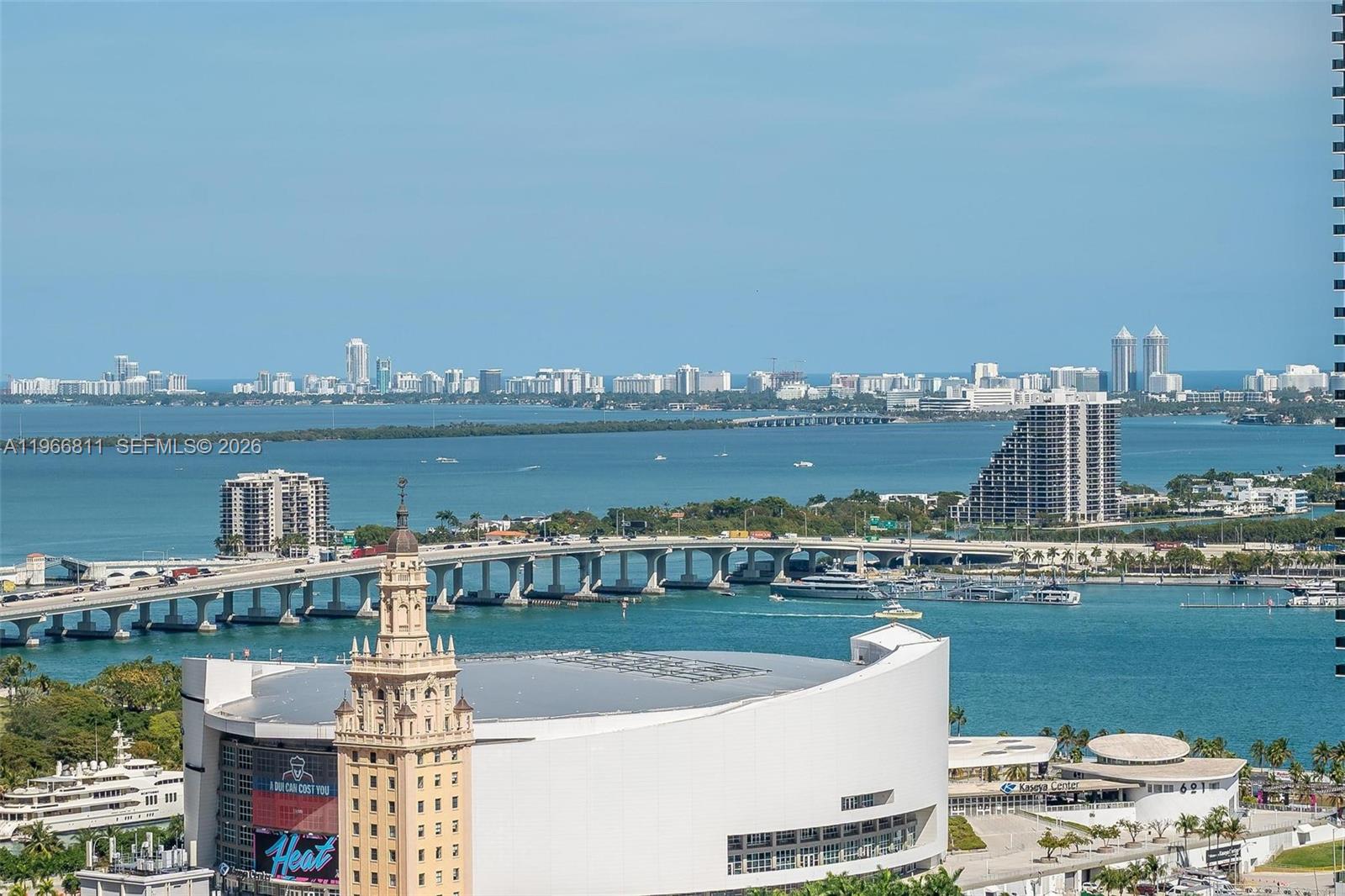 An elevated view of the Kaseya Center, the MacArthur Causeway, and the Miami skyline — 225 N Miami Ave # 3307, Miami FL 33128, MIAMI, FL
