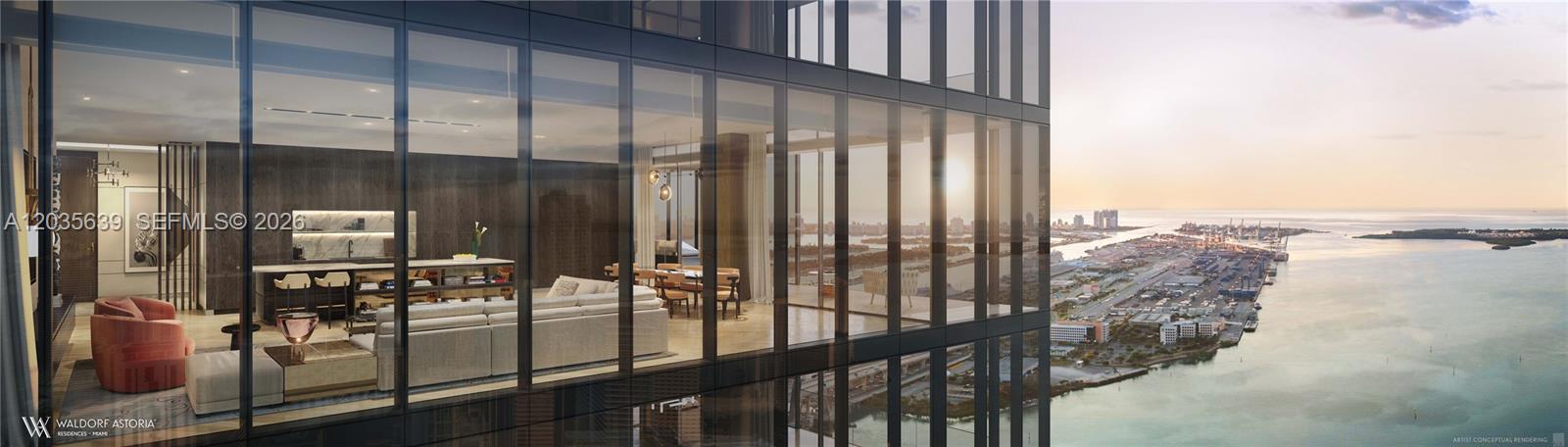 This architectural rendering shows a modern high-rise apartment interior with floor-to-ceiling windows overlooking a harbor — 300 N Biscayne Boulevard # 7403, Miami FL 33132, MIAMI, FL