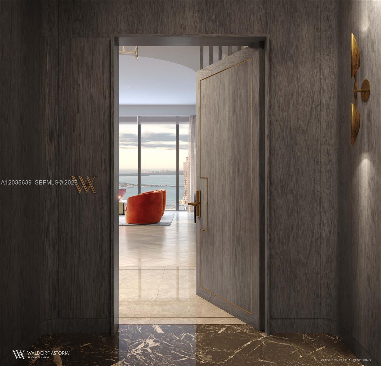 This artist conceptual rendering shows an open door leading to a room with ocean views — 300 N Biscayne Boulevard # 7403, Miami FL 33132, MIAMI, FL