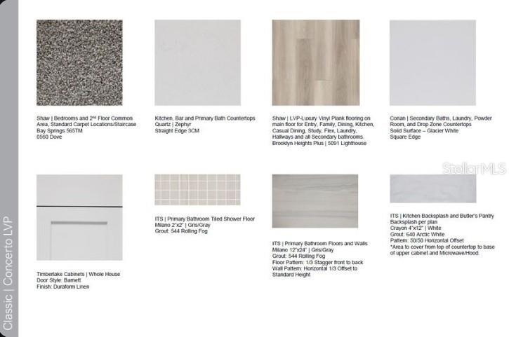 This image is a design selection board displaying samples of flooring, countertops, cabinetry, and tile finishes — 1032 TOP MINNOW ROAD, ST CLOUD, FL