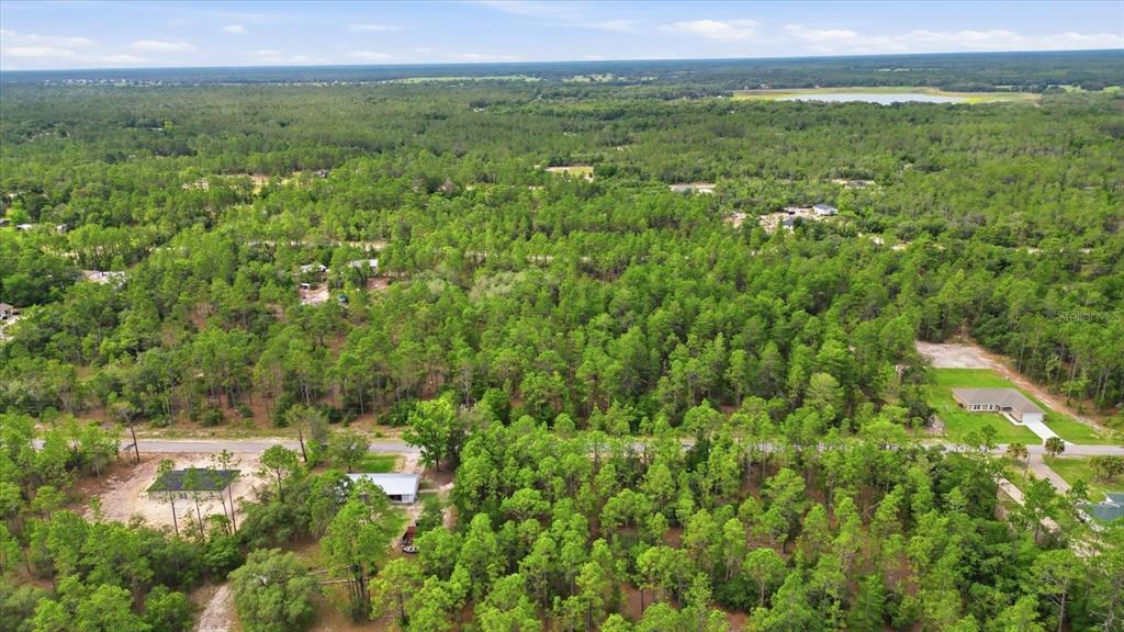 An aerial view shows a rural residential area with scattered houses surrounded by dense forest — 0000 SW BEAVER DRIVE, DUNNELLON, FL
