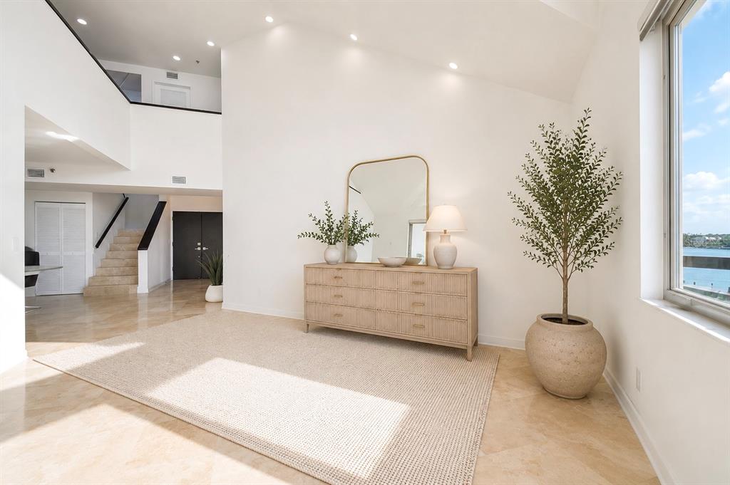 A bright, high-ceilinged foyer features a light wood dresser, a large mirror, and a potted plant — 941 SEDDON COVE WAY, TAMPA, FL