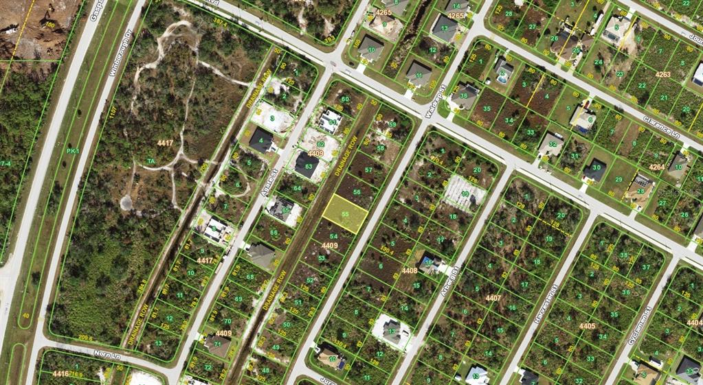 This is a satellite map showing residential lots and streets in a suburban neighborhood — 9187 WALDREP STREET, PORT CHARLOTTE, FL
