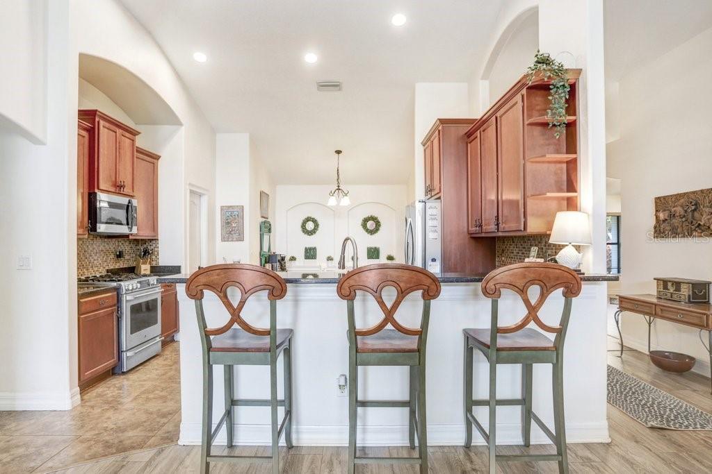 A kitchen features wood cabinets, stainless steel appliances, and a breakfast bar with three chairs — 15723 STARLING WATER DRIVE, LITHIA, FL
