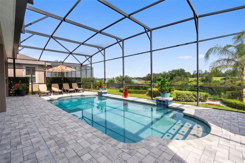 A screened-in patio features a rectangular swimming pool with pavers and a view of greenery — 15264 SHONAN GOLD DRIVE, WINTER GARDEN, FL