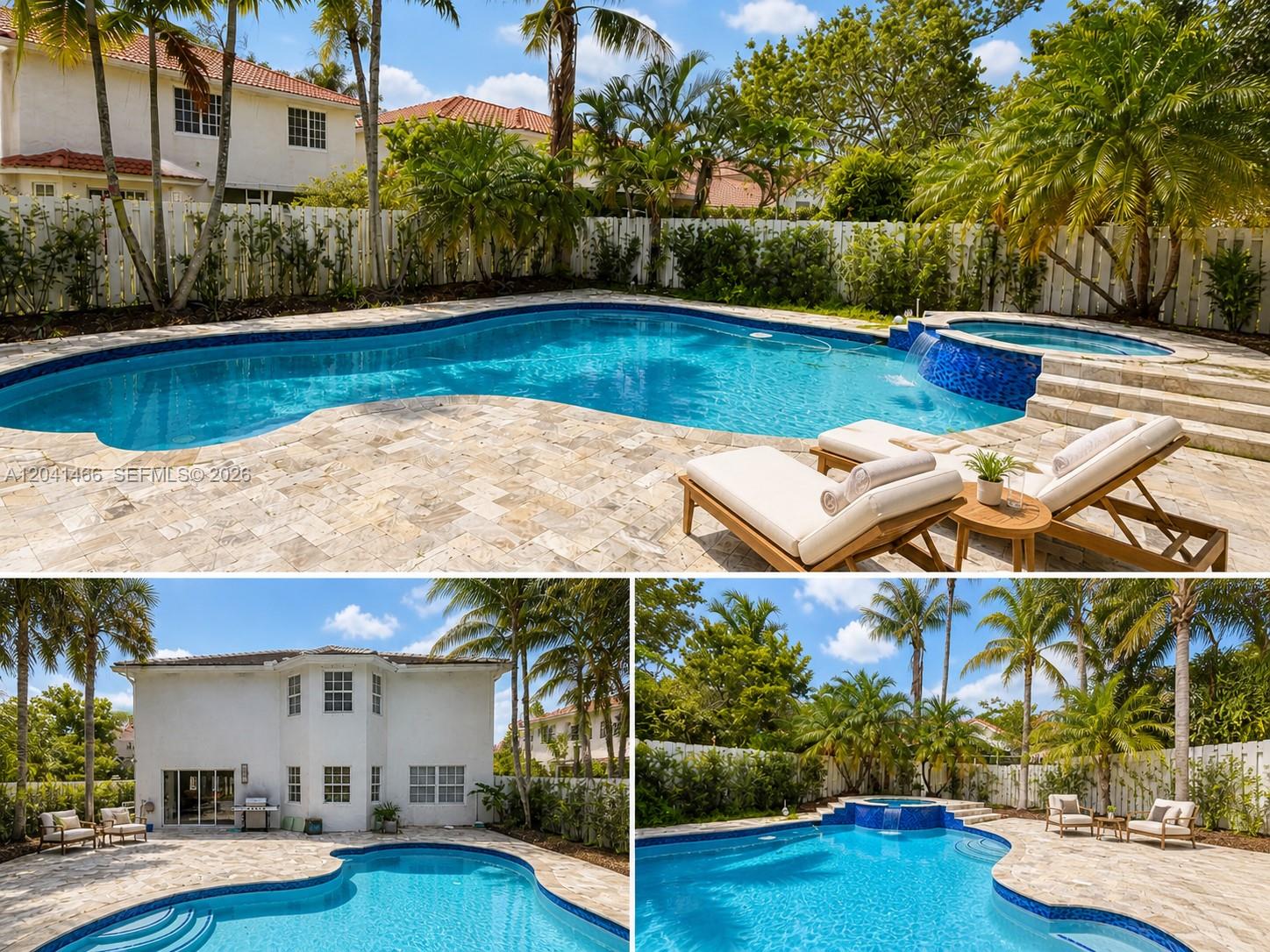 A backyard features a swimming pool with an attached spa and stone patio decking — 85 Gables Blvd, Weston FL 33326, WESTON, FL