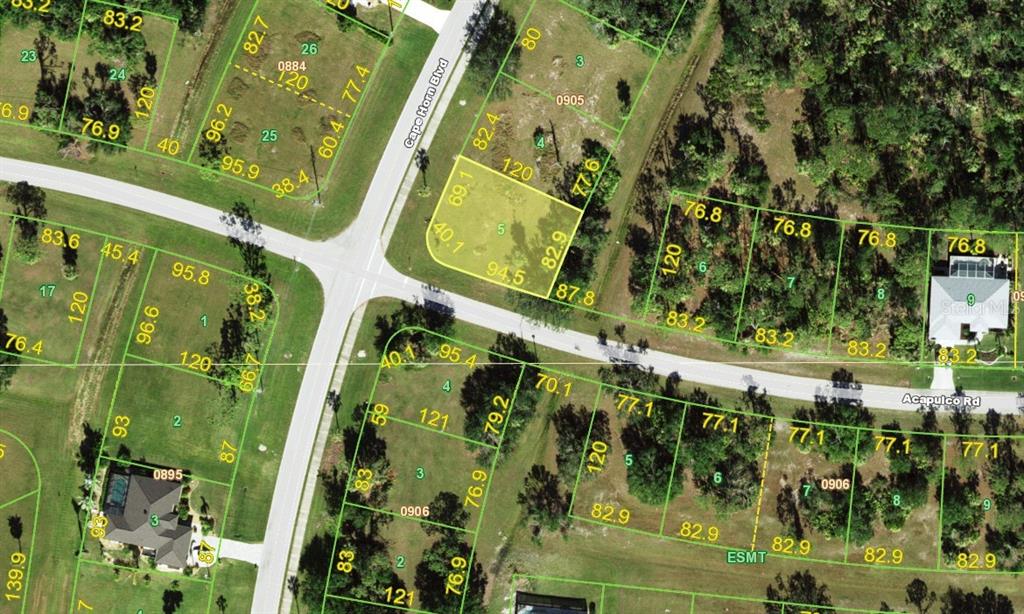 This is a satellite map showing residential lots and street layouts in a neighborhood — 16582 CAPE HORN BOULEVARD, PUNTA GORDA, FL