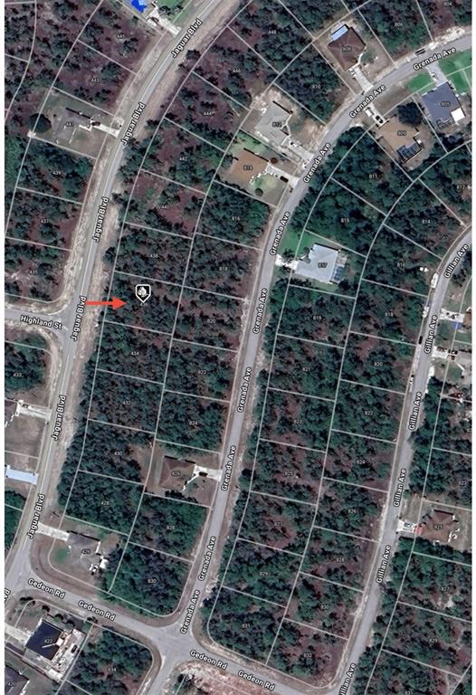 This is an aerial map showing a vacant residential lot marked with a red arrow — 436 JAGUAR BOULEVARD, LEHIGH ACRES, FL