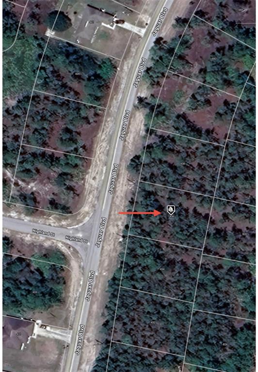 This is an aerial map showing a vacant, wooded lot marked with an arrow — 436 JAGUAR BOULEVARD, LEHIGH ACRES, FL