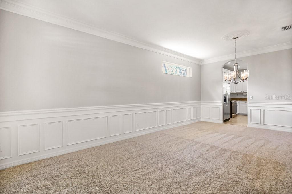 A carpeted dining room features white wainscoting, a chandelier, and an arched entryway to a kitchen — 5612 ROCKFIELD LOOP, VALRICO, FL