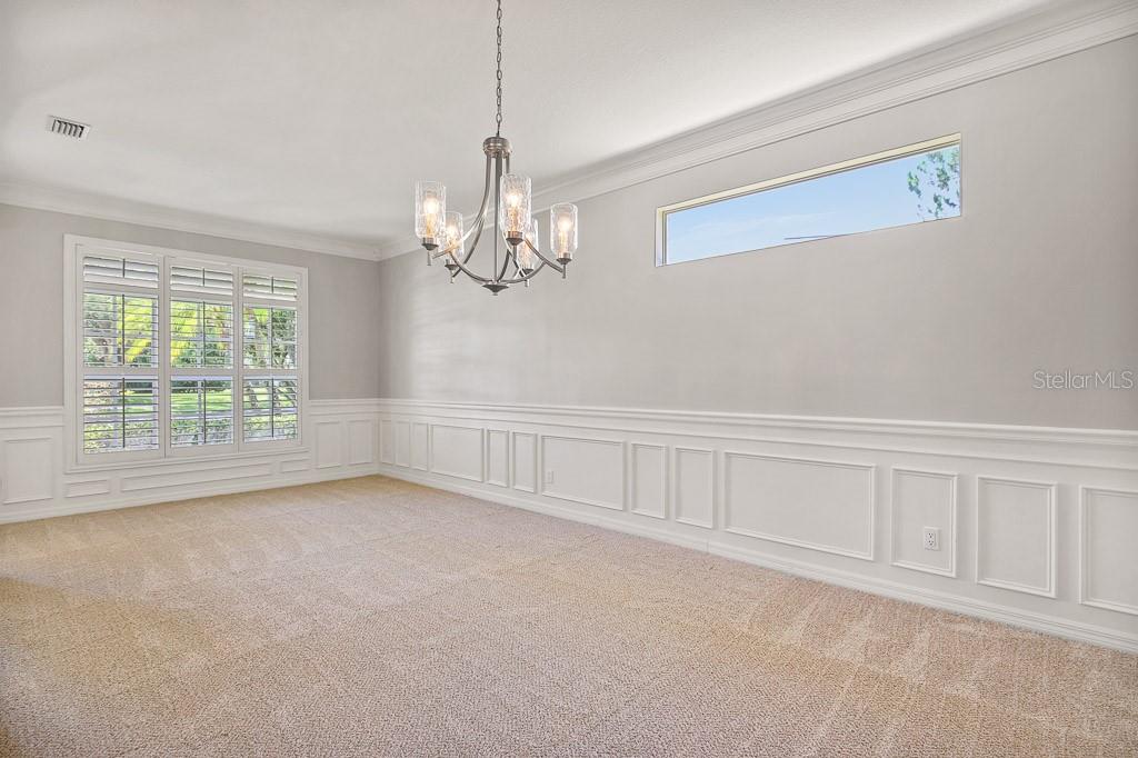 A dining room features beige carpet, white wainscoting, a chandelier, and a transom window — 5612 ROCKFIELD LOOP, VALRICO, FL
