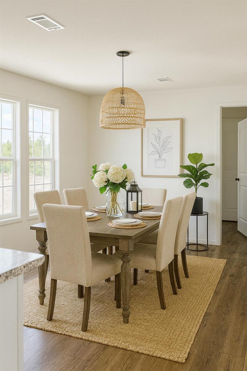 A dining room features a wooden table, upholstered chairs, a woven pendant light, and rug — 15983 NW 272nd Street, Okeechobee FL 34972, OKEECHOBEE, FL