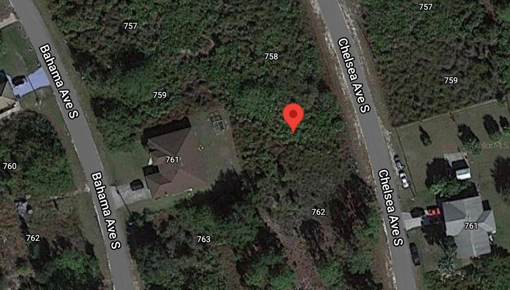 This is a satellite map view showing a vacant lot marked with a red pin — 760 CHELSEA AVENUE S, LEHIGH ACRES, FL