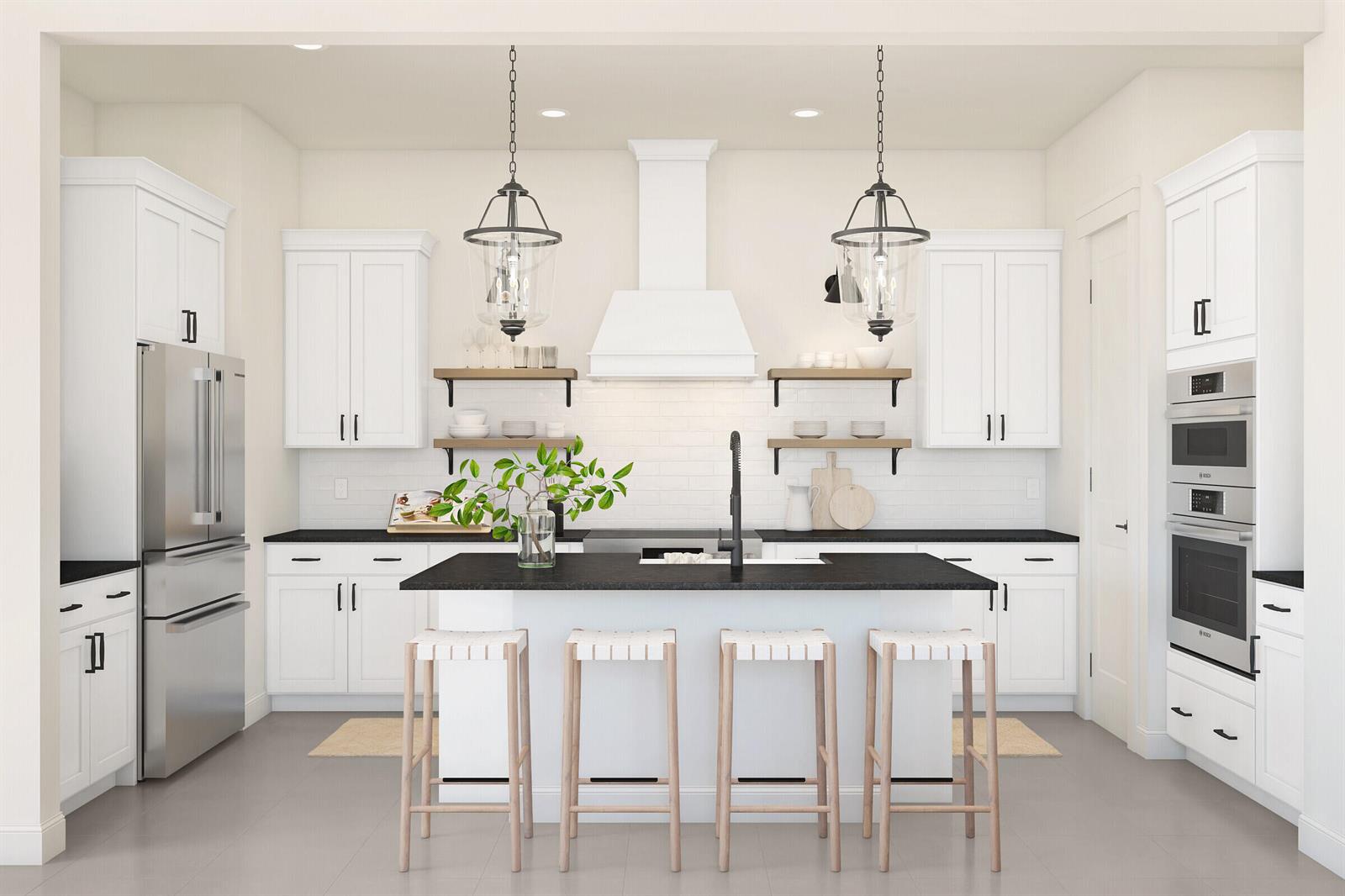 This is a rendering of a modern kitchen featuring white cabinetry, black countertops, and an island — 6798 SE Lost Pine Drive, Stuart FL 34997, STUART, FL