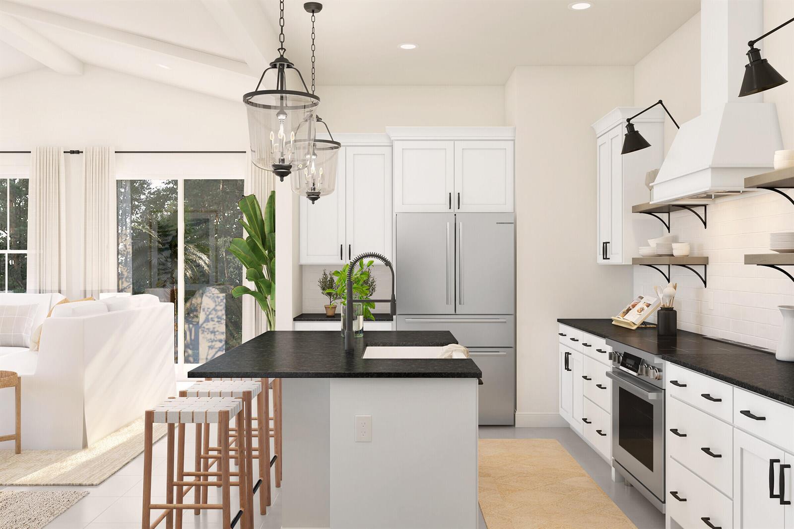 This is a rendering of a modern kitchen featuring white cabinetry, black countertops, and an island — 6798 SE Lost Pine Drive, Stuart FL 34997, STUART, FL