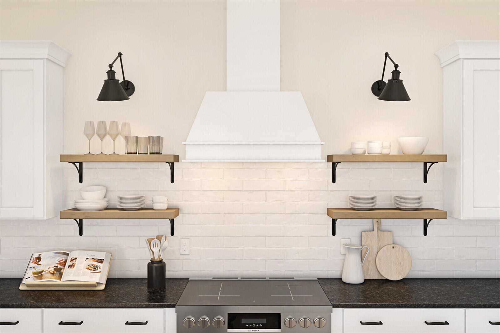 This kitchen rendering features white cabinets, open wood shelving, a range hood, and subway tile — 6798 SE Lost Pine Drive, Stuart FL 34997, STUART, FL