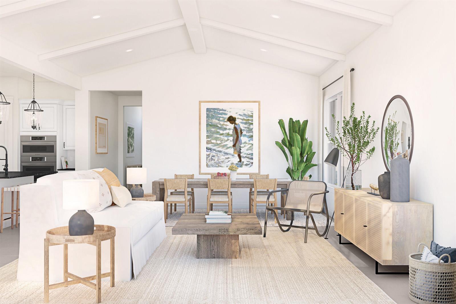 This rendering shows an open-concept living and dining area with vaulted ceilings and neutral decor — 6798 SE Lost Pine Drive, Stuart FL 34997, STUART, FL