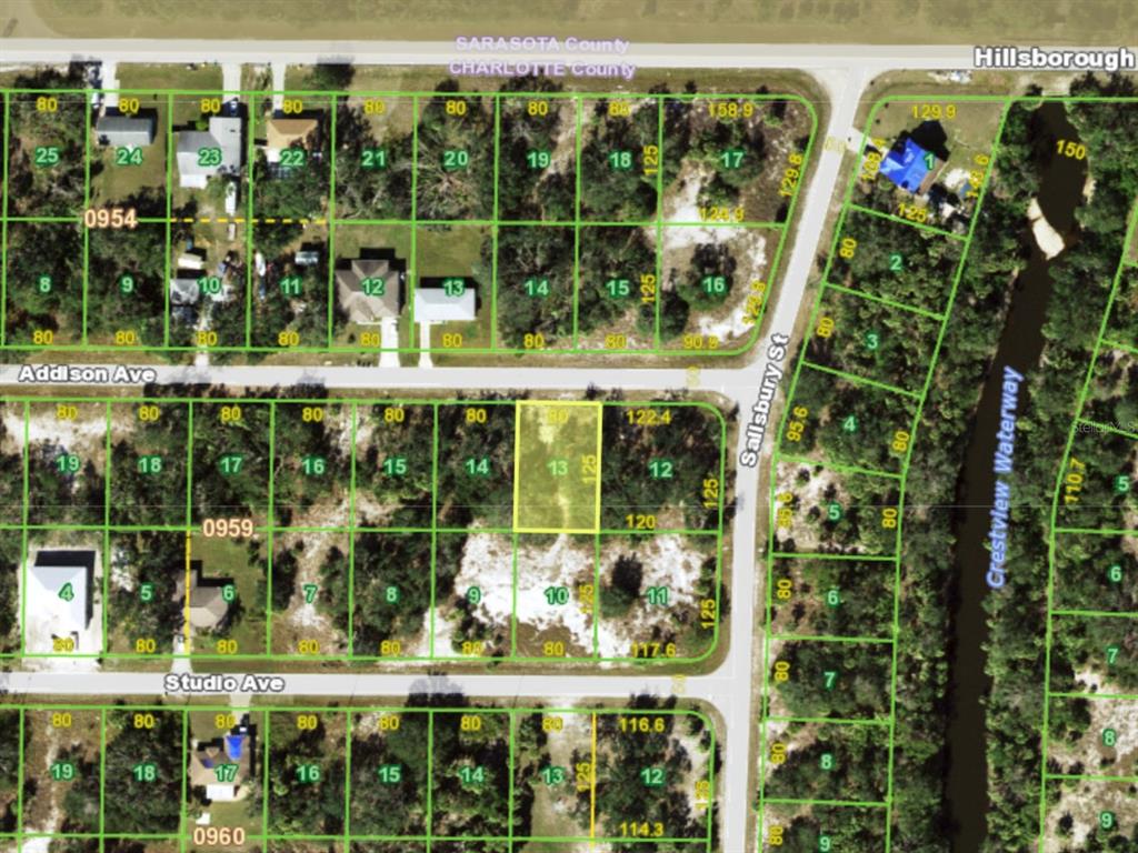 This is a satellite map showing residential land parcels and street layouts — 19227 ADDISON AVENUE, PORT CHARLOTTE, FL