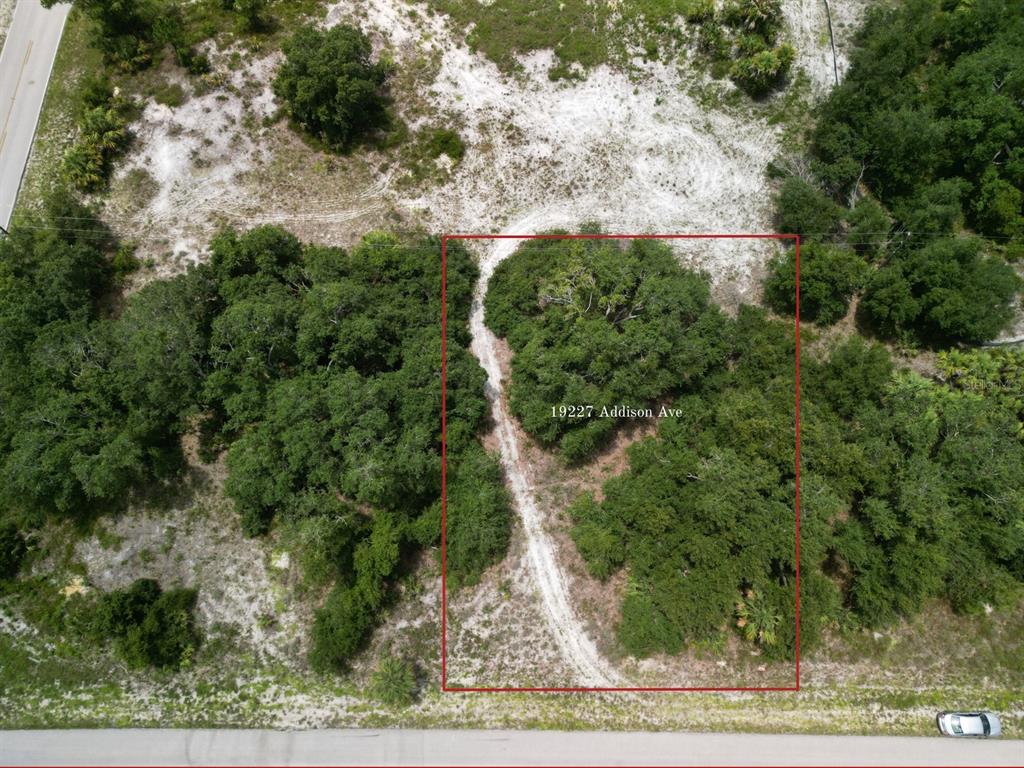 An aerial view shows a rectangular, wooded lot with a dirt path running through it — 19227 ADDISON AVENUE, PORT CHARLOTTE, FL