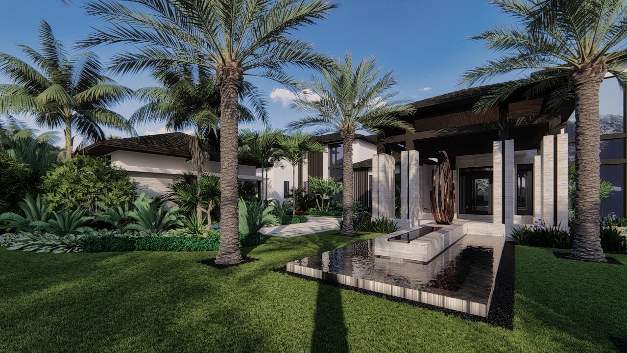 A digital rendering shows a modern luxury home exterior with a reflecting pool and palm trees — 215 Bears Club Drive, Jupiter FL 33477, JUPITER, FL