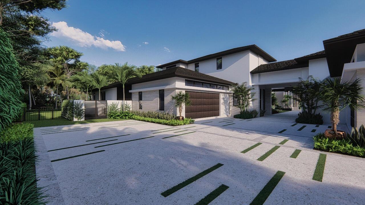 This architectural rendering shows a modern house exterior with a paved driveway and palm trees — 215 Bears Club Drive, Jupiter FL 33477, JUPITER, FL
