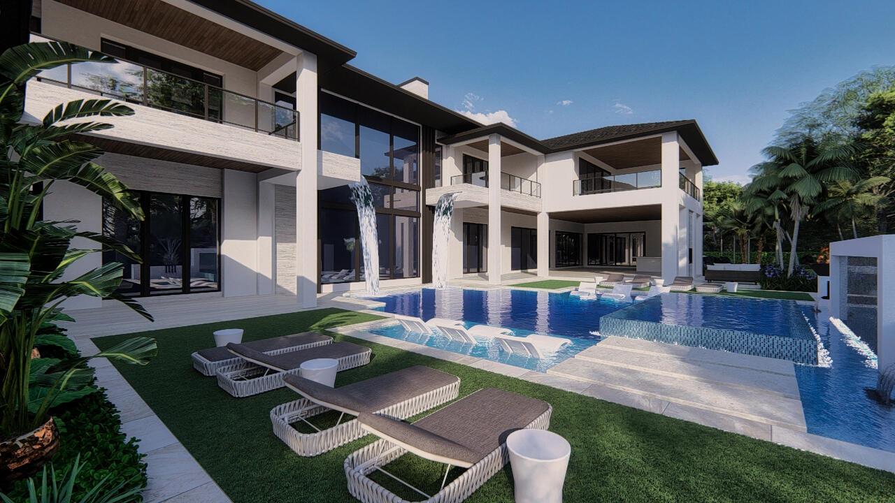 This architectural rendering shows a modern luxury home with a multi-level pool and waterfalls — 215 Bears Club Drive, Jupiter FL 33477, JUPITER, FL