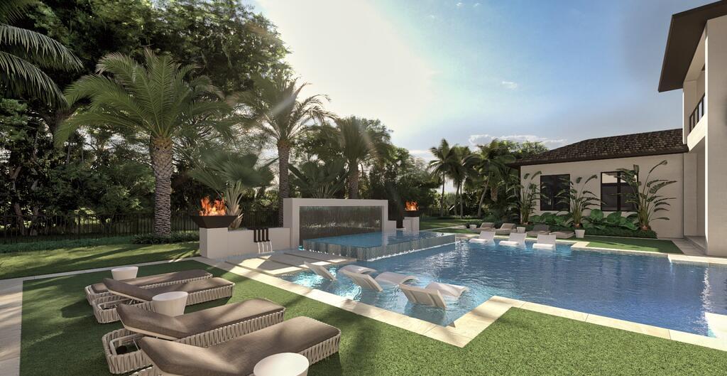 This architectural rendering shows a modern backyard with a swimming pool, lounge chairs, and landscaping — 215 Bears Club Drive, Jupiter FL 33477, JUPITER, FL